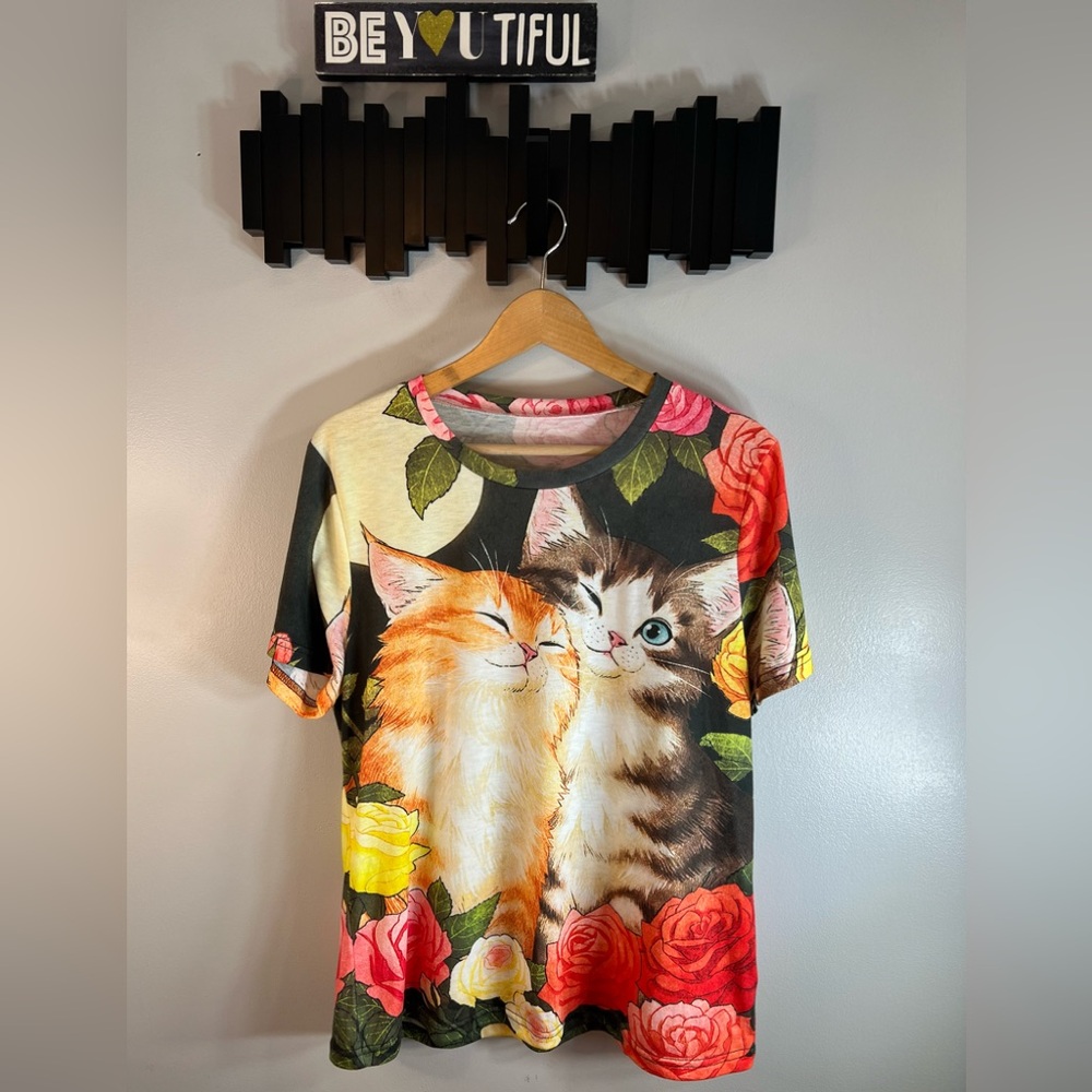 Emery Rose Kitten and Roses T-Shirt Size Large